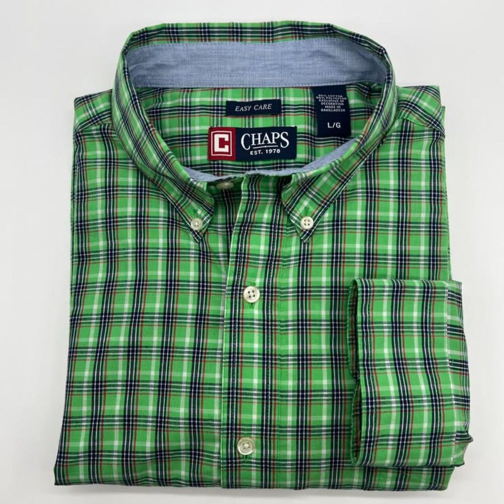 Chaps Green Blue Red Madras Plaid Long Sleeve Button-Down Shirt Size Large